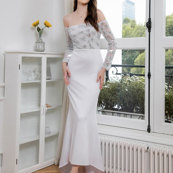 New Contrast Sequin Off Shoulder Mermaid Hem Wedding Dress - Picture 6 of 7